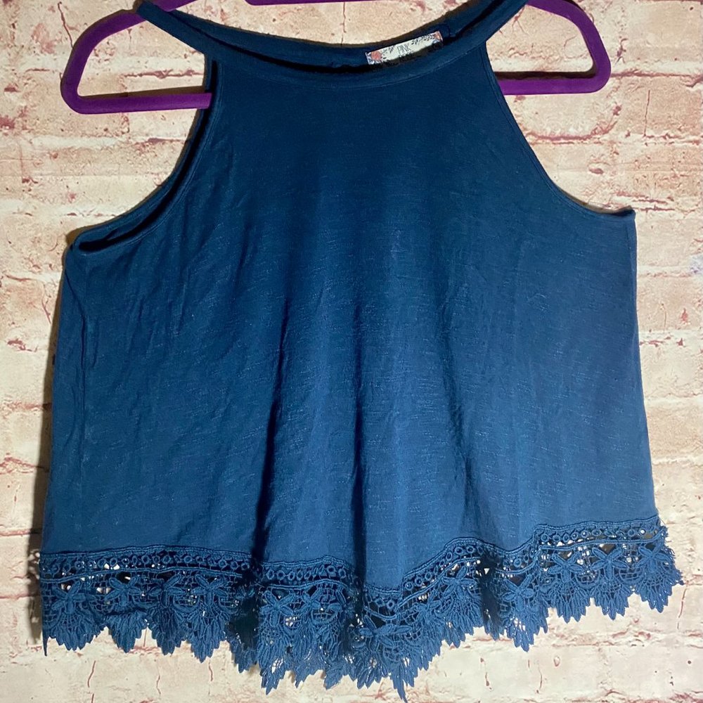 PINK ROSE TOP CROPPED WOMENS NAVY BLUE LACE L